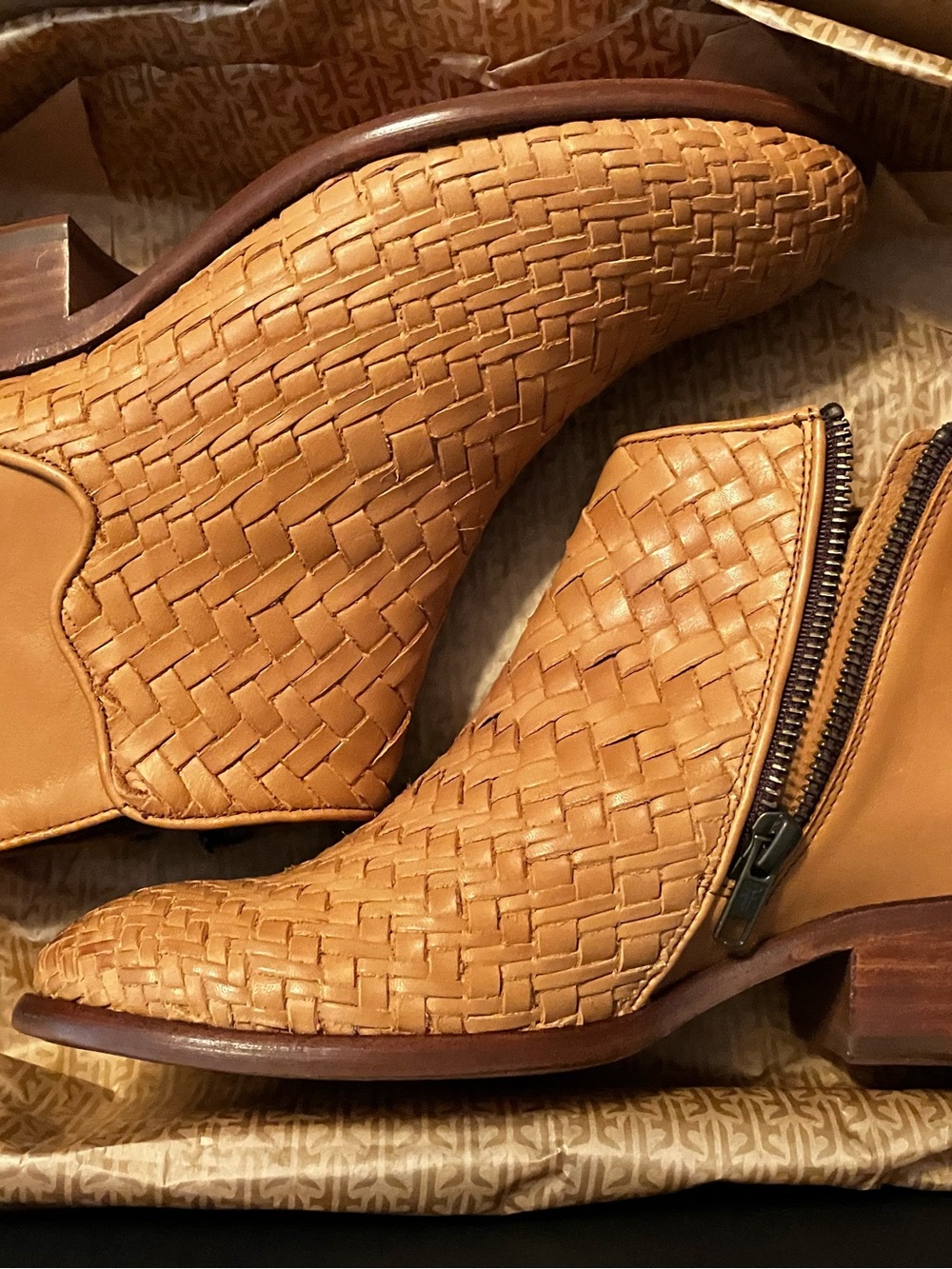 Frye Woven Leather Tan Ankle Booties with Side Zip